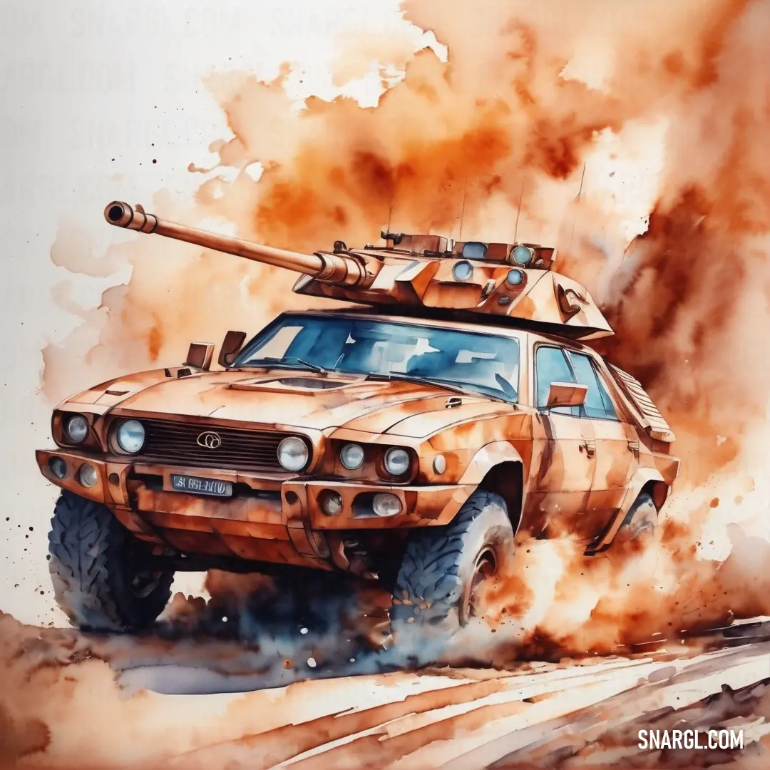 Painting of a car with a tank on top of it's roof and a lot of smoke behind it. Color #F8CDCE.