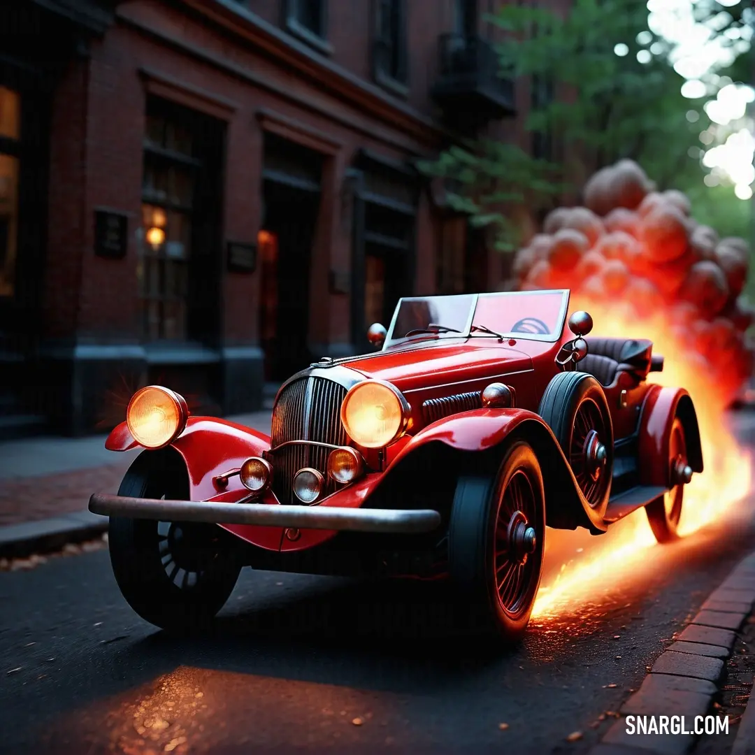 Red car with a flame coming out of it's engine on a city street at night time. Example of #F8CDCE color.