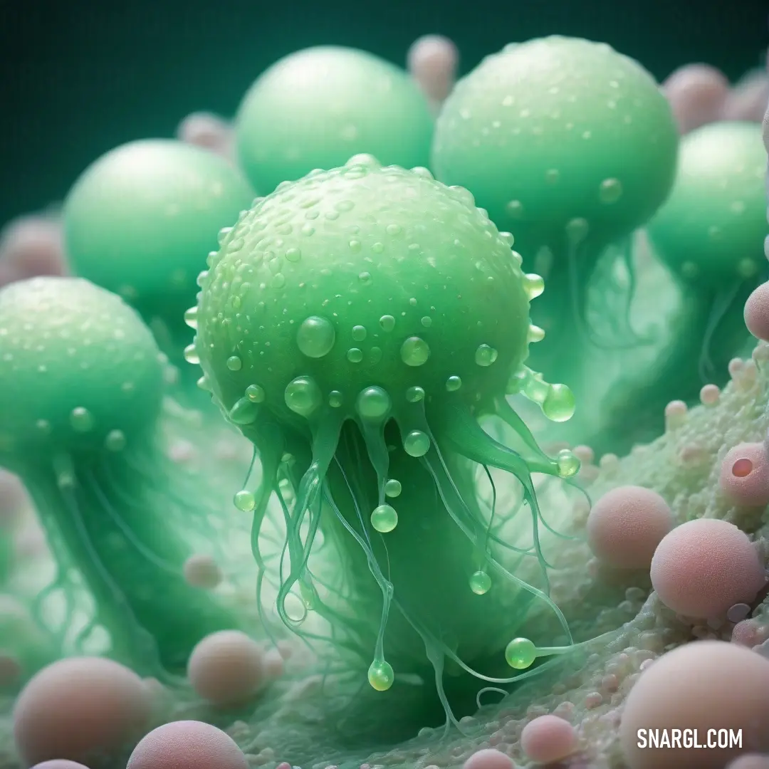 RAL 490-1 color example: Close up of a green jellyfish in a sea of water with bubbles on it's surface
