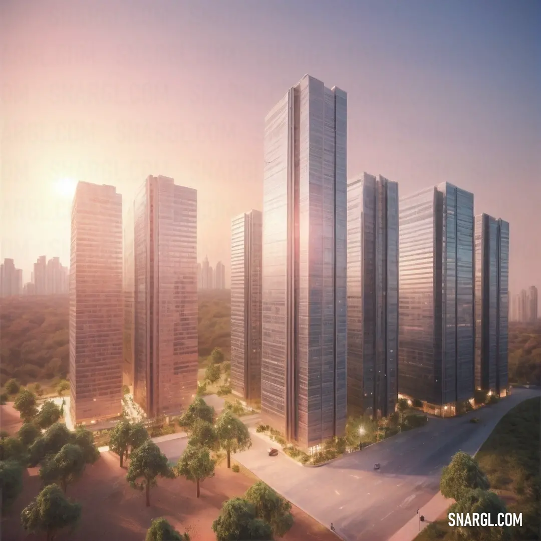 Group of tall buildings next to each other on a field of grass and trees in front of a city. Color #F4D3D4.