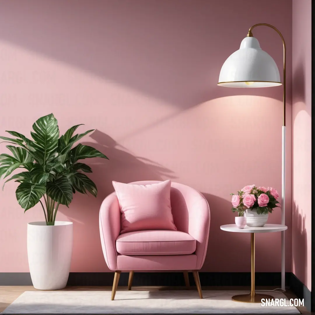 Pink chair and a white table with a potted plant on it and a pink wall. Example of #F4D3D4 color.