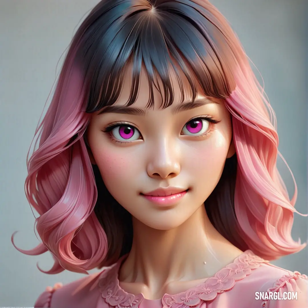 Digital painting of a girl with pink hair and pink eyes and pink hair with bangs. Example of RAL 490-4 color.