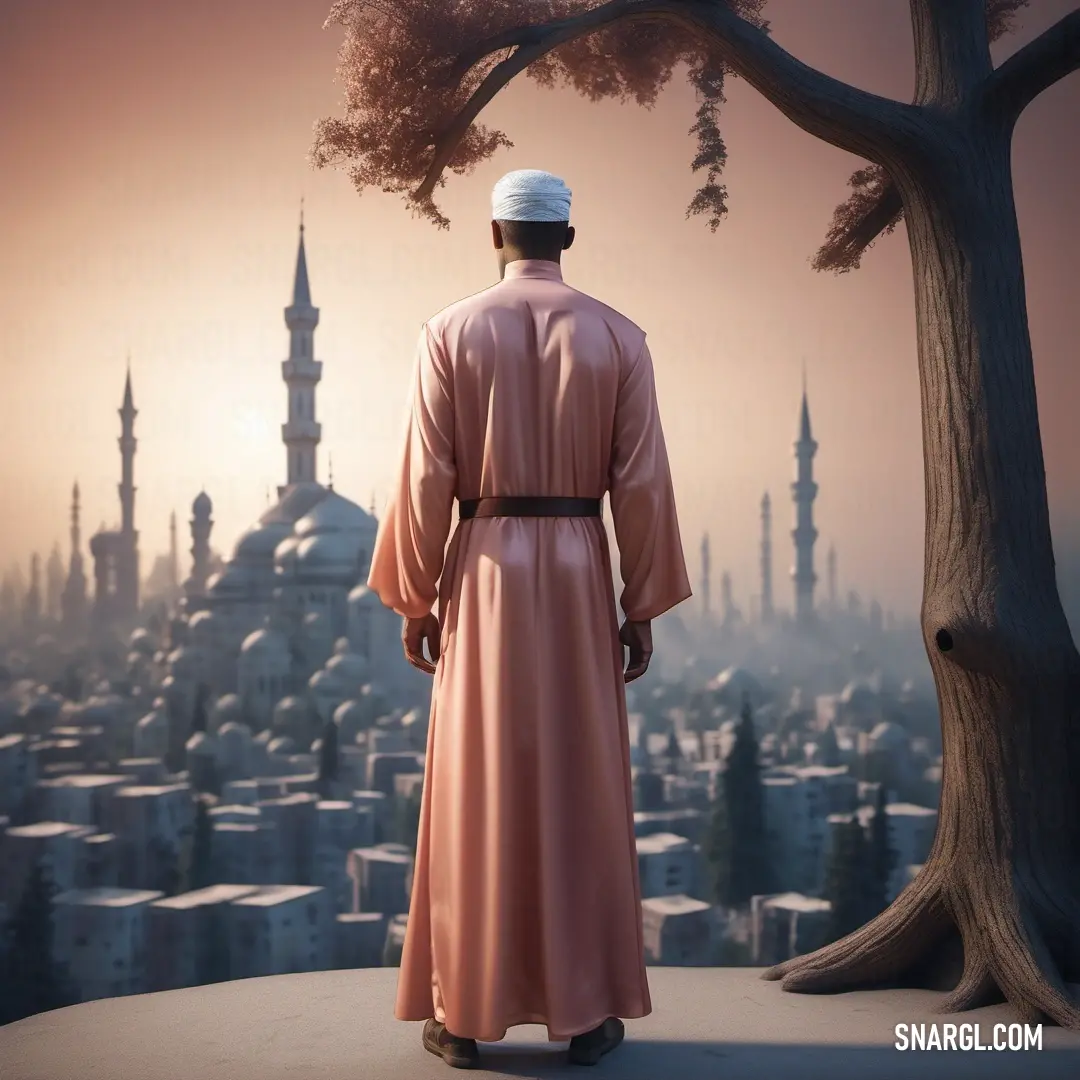 Man in a pink robe standing in front of a tree and a cityscape with a sunset. Color CMYK 8,62,40,15.