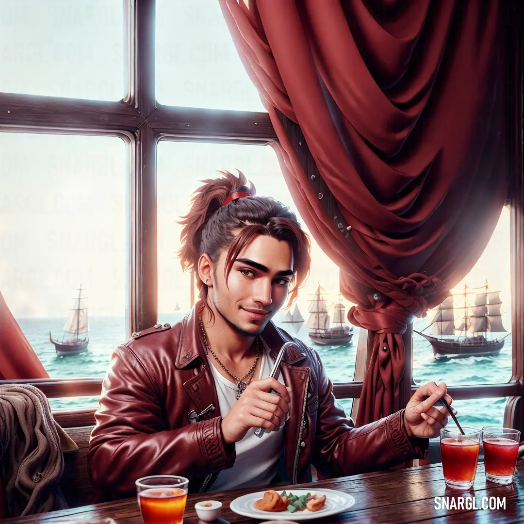 Man at a table with a plate of food and drinks in front of him. Color RAL 490-4.