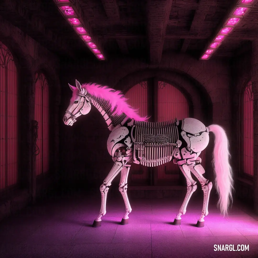 Horse that is standing in a room with lights on it's sides and a pink tail on its head. Example of #E083B5 color.