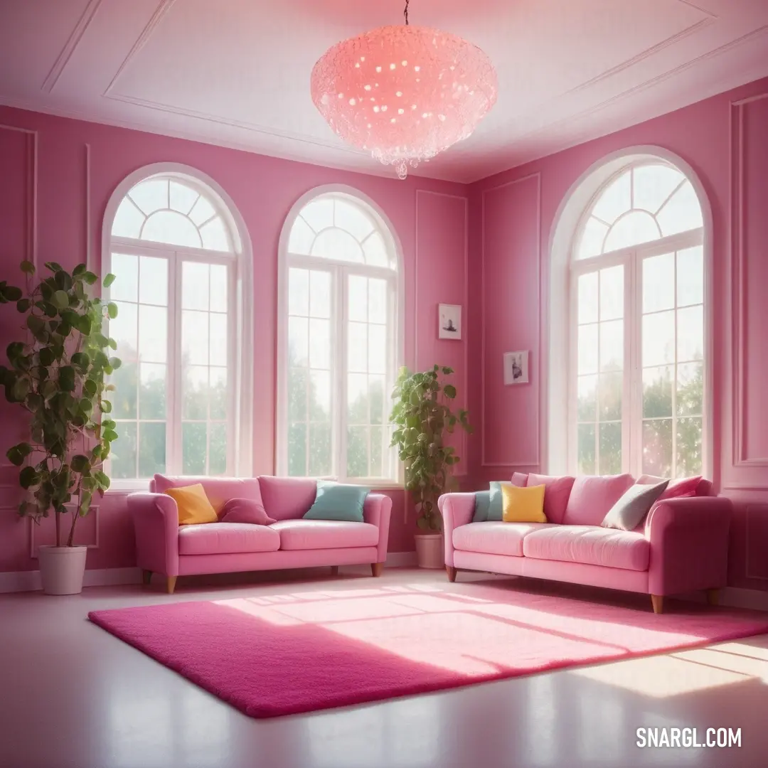 Living room with pink walls and a pink rug on the floor and a pink couch and chair in the middle. Color CMYK 9,73,0,0.