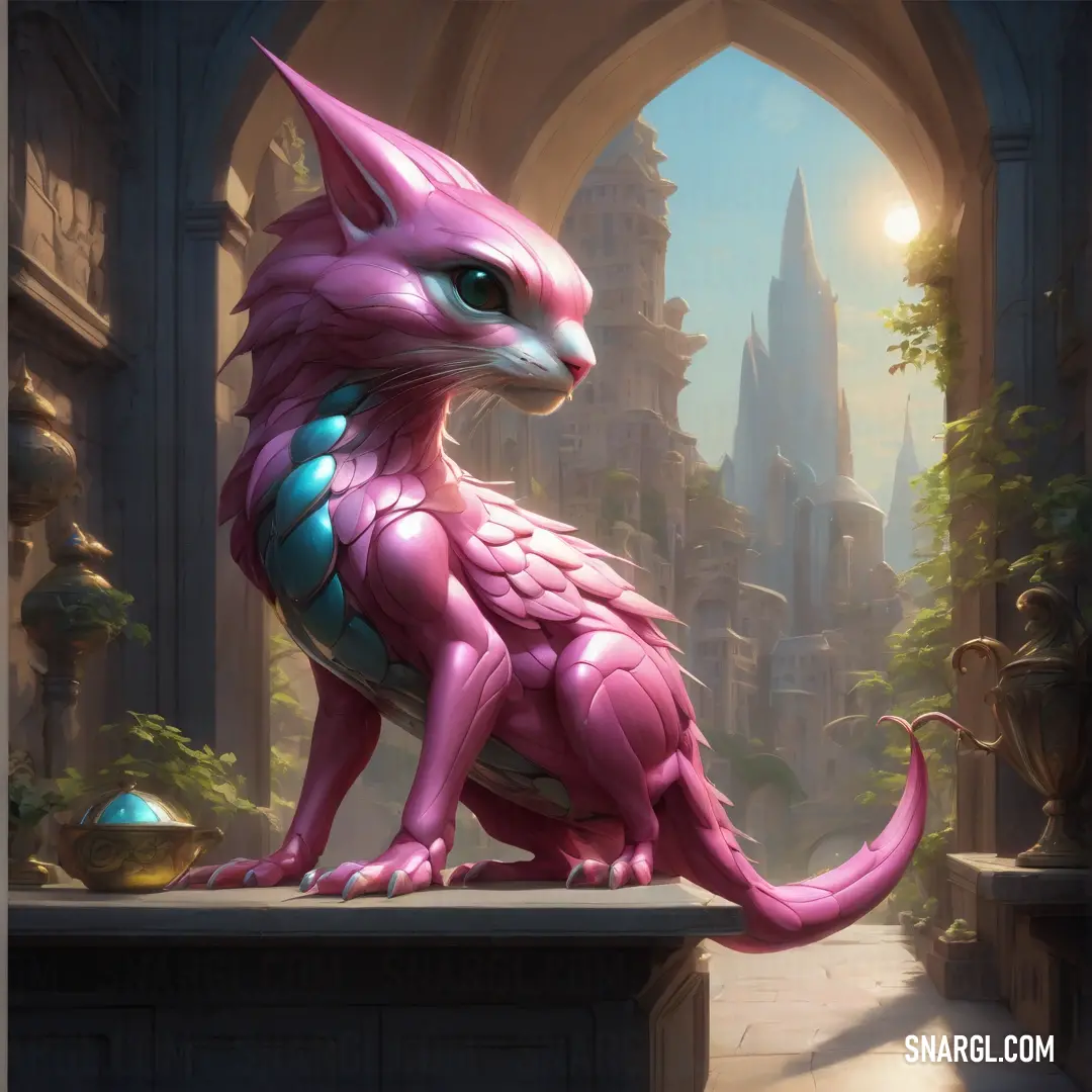 Pink dragon on a ledge in a castle like setting with a light shining on it's head. Color CMYK 9,73,0,0.