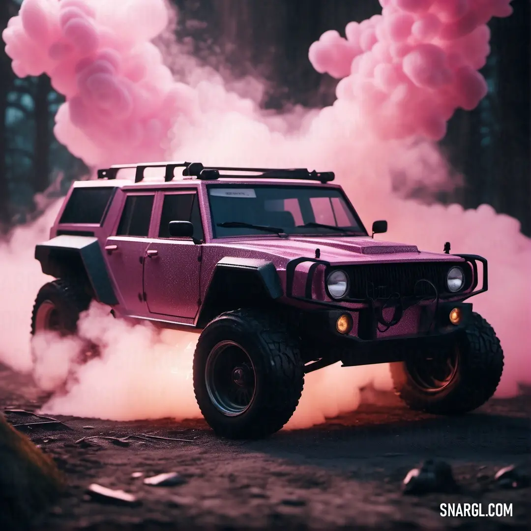 Pink hummer truck driving down a road with smoke coming out of it's tires. Color RAL 510-3.