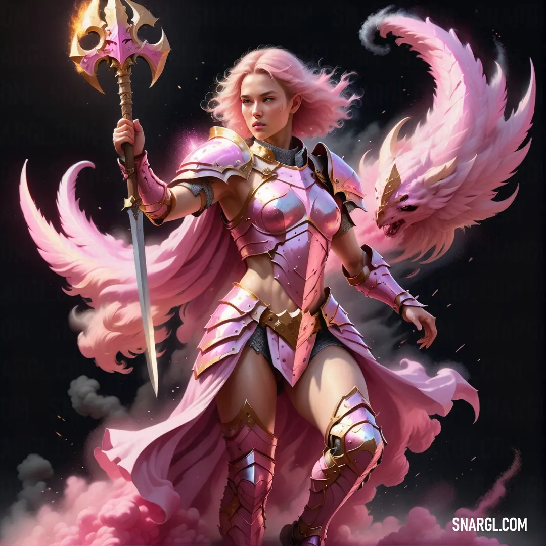 Woman in a pink outfit holding a sword and a pink cloud behind her is a pink angel. Color RAL 510-3.