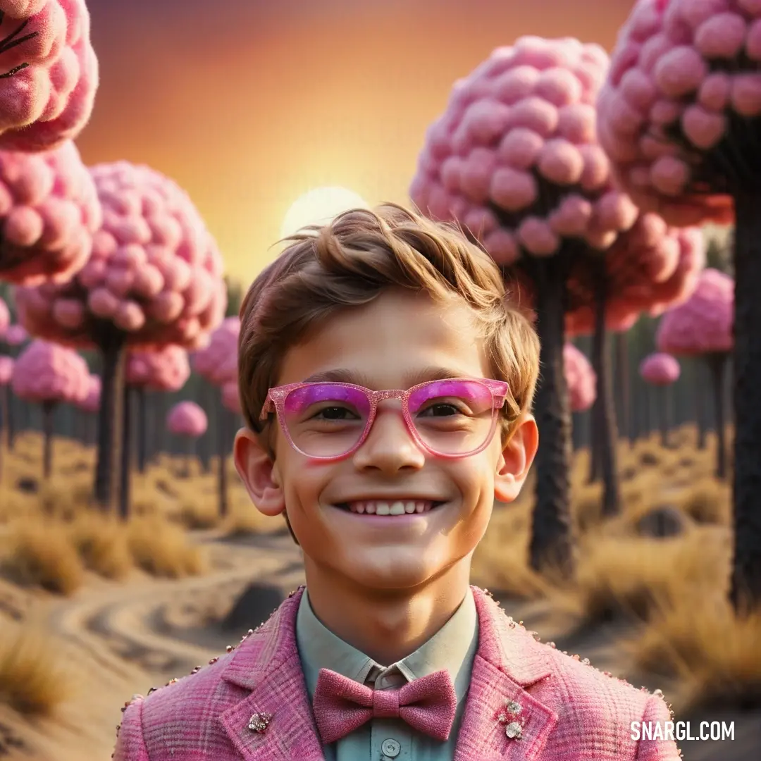 Young boy wearing pink glasses and a pink suit and bow tie in front of a surreal landscape of pink trees. Color CMYK 9,73,0,0.