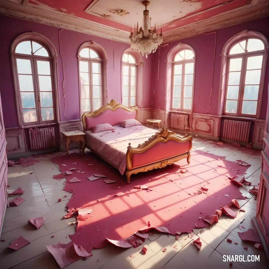 Bed in a room with pink walls and a chandelier hanging from the ceiling and a pink rug on the floor. Example of RGB 196,70,126 color.