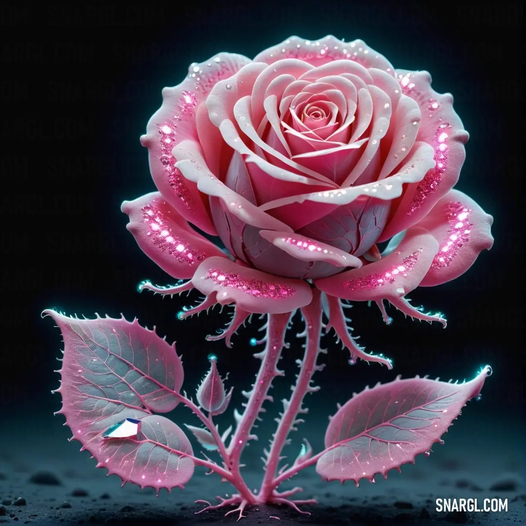 Pink rose with water droplets on it's petals and leaves on a black background. Example of CMYK 22,93,30,0 color.