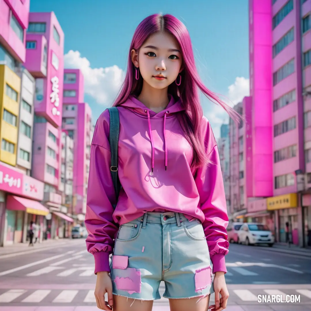 Girl with pink hair and a pink hoodie stands in front of a pink building in a city. Example of RGB 196,70,126 color.