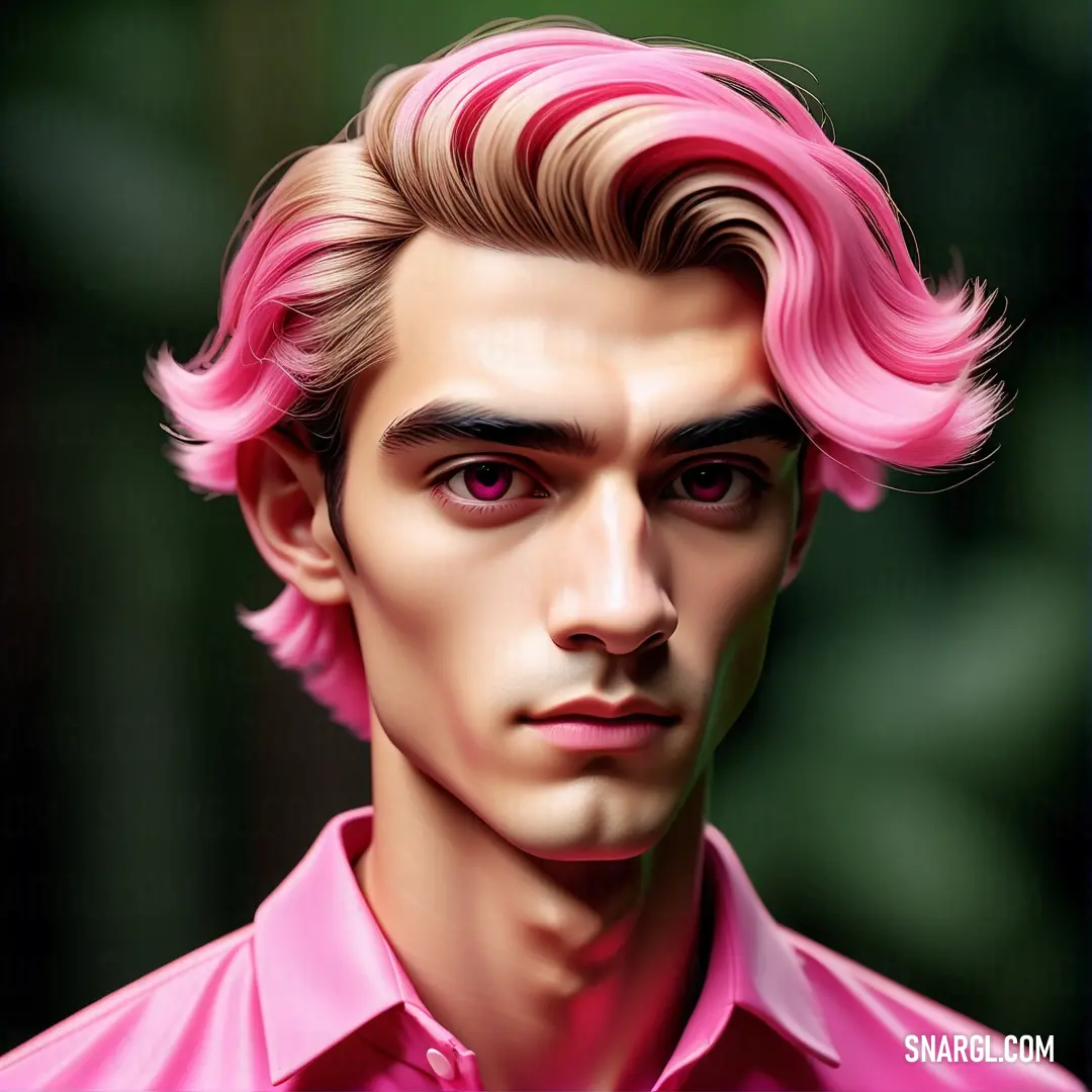 Man with pink hair and a pink shirt on a green background. Color RGB 196,70,126.
