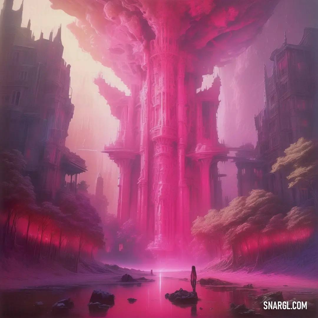 Painting of a pink city with a man standing in the middle of the street in front of a huge pink tower. Example of RGB 196,70,126 color.