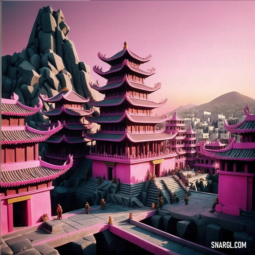 RAL 510-5 color. Pink and purple photo of a chinese building with a mountain in the background