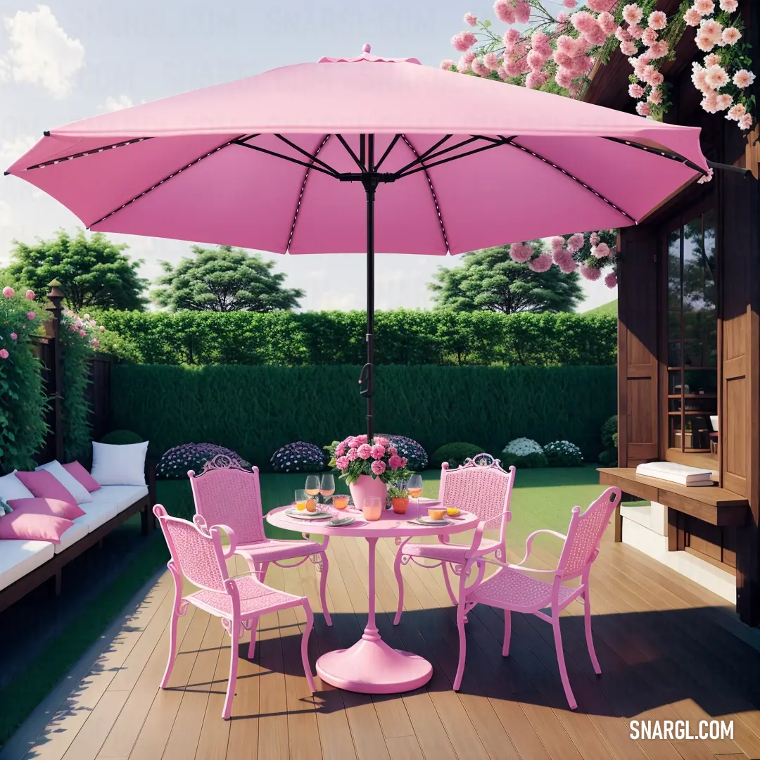 Pink table and chairs with an umbrella over it on a deck with pink cushions. Example of RAL 510-5 color.