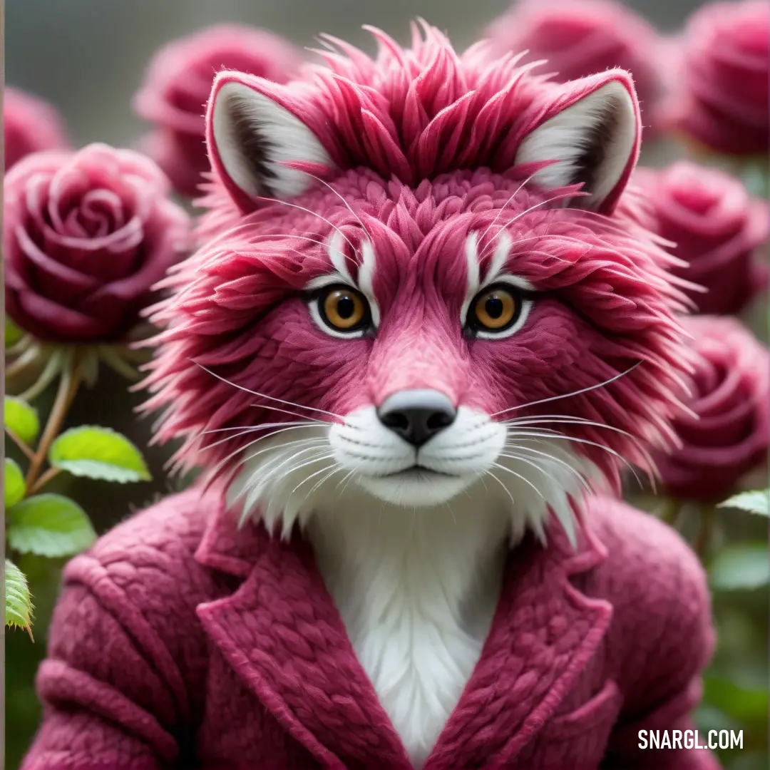 Red fox with white stripes on its face and a pink coat on its body, with roses in the background. Example of RGB 196,70,126 color.