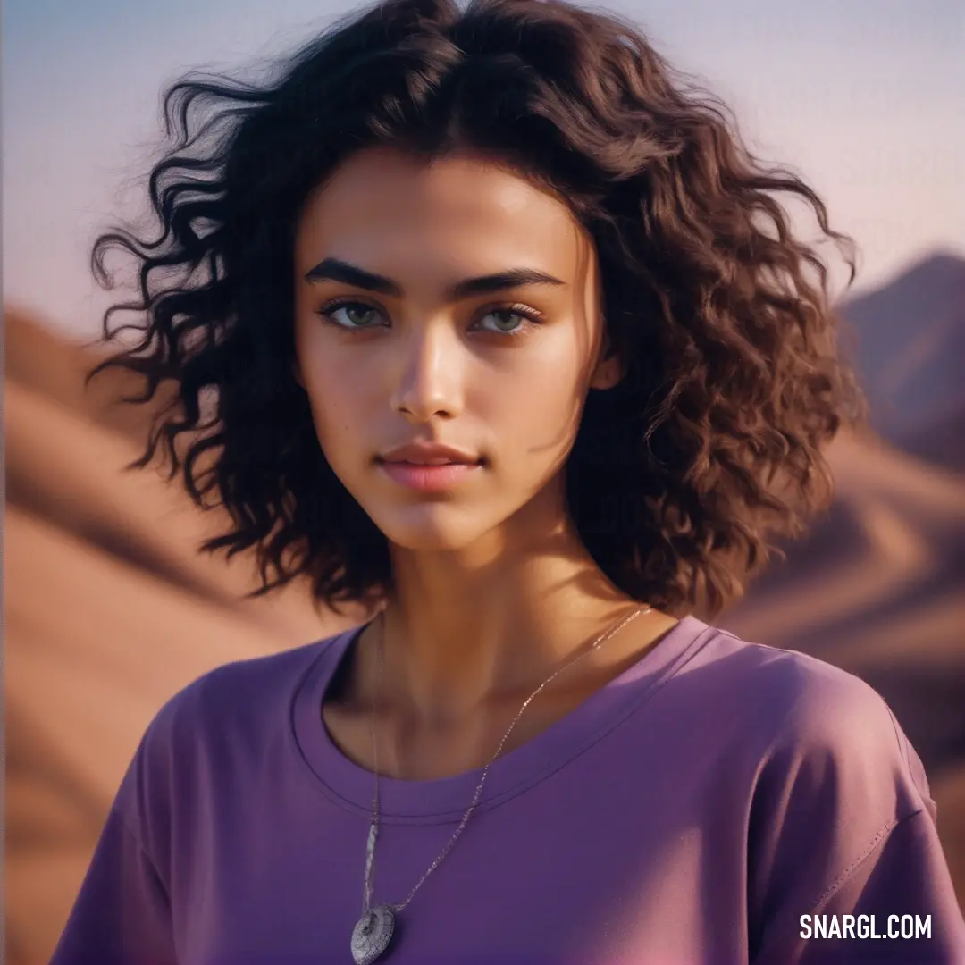 A woman with a necklace stands against the expansive desert backdrop, where the warm tones of CMYK 34,82,5,35 evoke a sense of connection with nature’s raw beauty. A woman in a desert landscape, wearing a necklace, with the vast sandy terrain and dry bushes in the background. The colors of the scene are subtly influenced by the CMYK 34,82,5,35 palette, creating a rich, earthy tone.