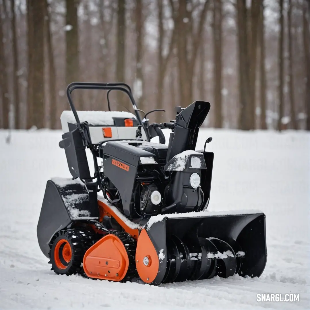 A snow blower is captured in action amid a winter wonderland, clearing a snow-covered path surrounded by tall trees and a blanket of snow on the ground. The scene is set in tranquil isolation, showcasing winter's stark beauty.
