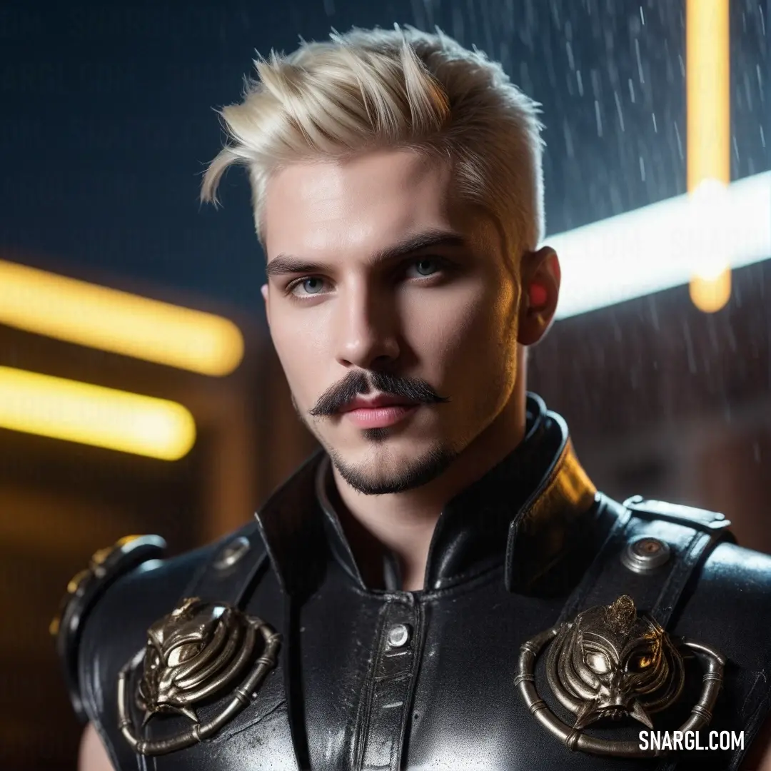 A man with a mustache wears a leather outfit as he stands in the rain, the droplets highlighting his strong pose. The color #92657E subtly emerges from the moody atmosphere, adding a sense of depth and drama to the scene.