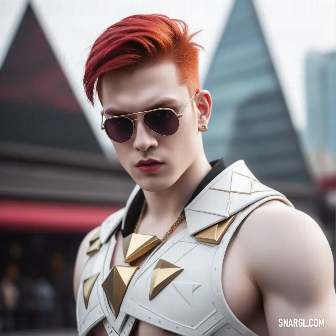 A man with red hair is dressed in a sharp white outfit, sunglasses perched on his face, and gold accents adorning his chest. His presence is bold and striking, framed by the clean and vibrant tone of RAL 550-5.