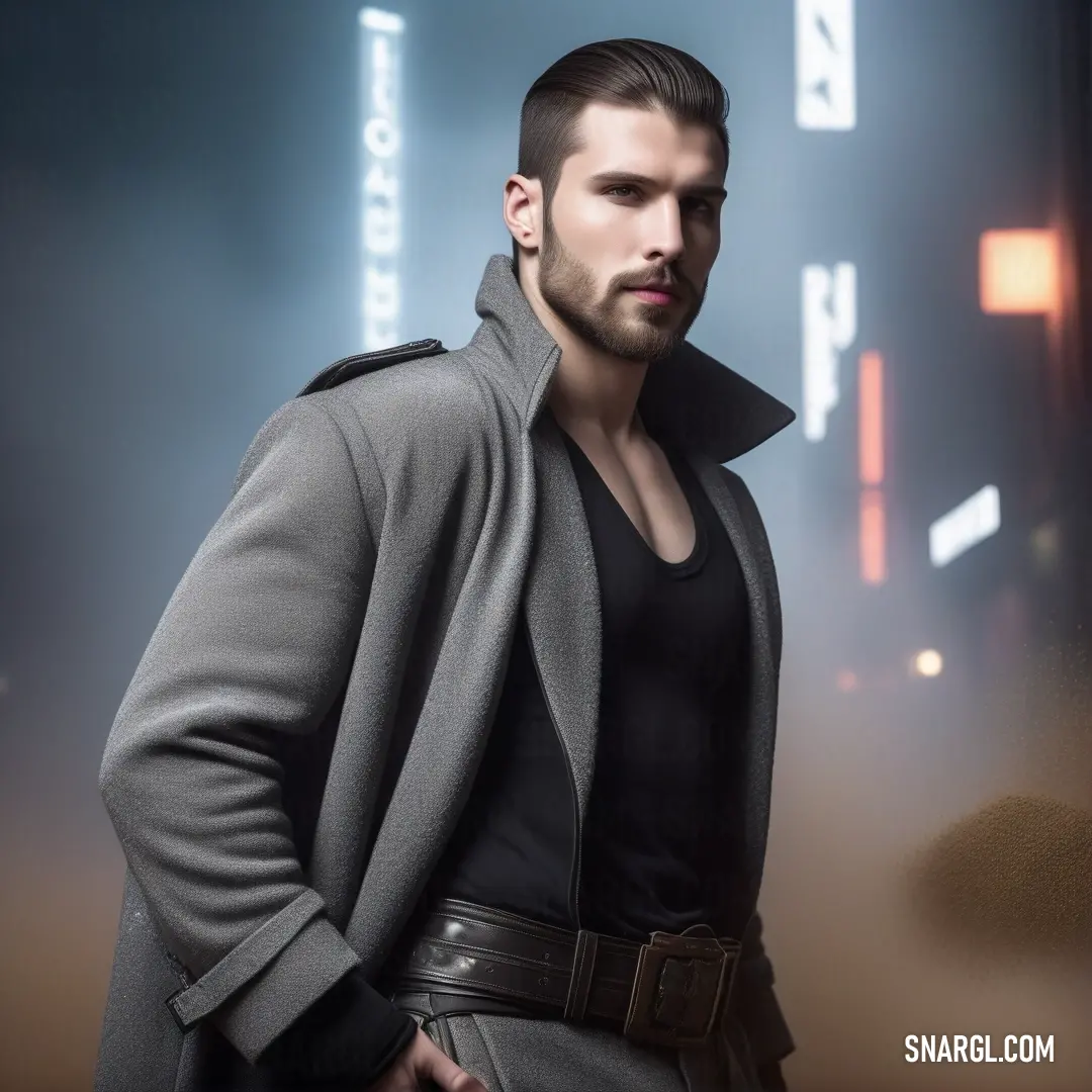 A man stands confidently in a dark room, a neon sign glowing behind him. His coat and belt create a striking silhouette against the urban background. The colors are deep and atmospheric, capturing the essence of RAL 550-5.