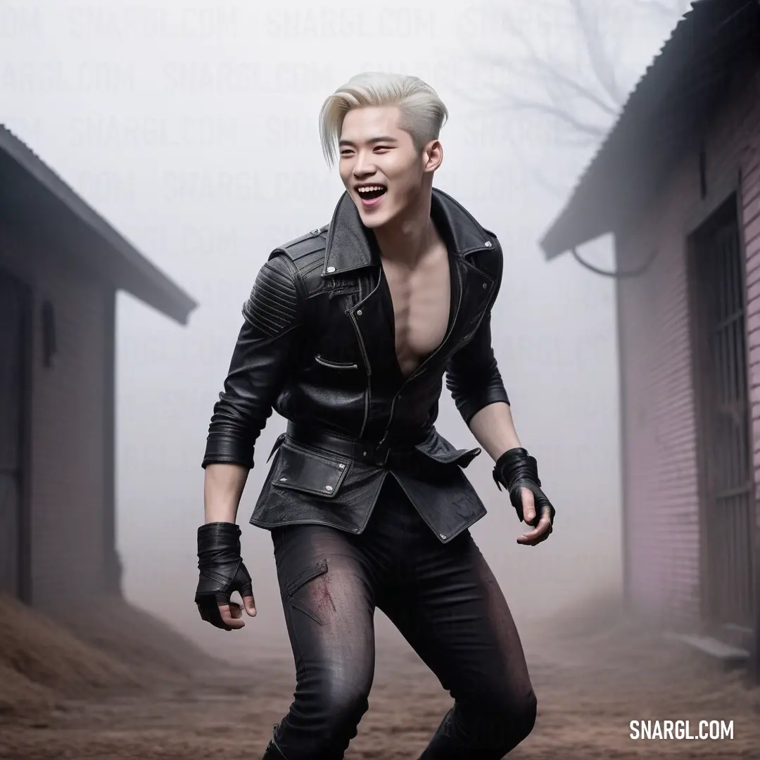 A man in a leather outfit strikes a pose in a foggy, quiet street. The distant houses fade into the mist, adding mystery to the scene. The color RAL 550-5 resonates in the cool, mist-filled air.