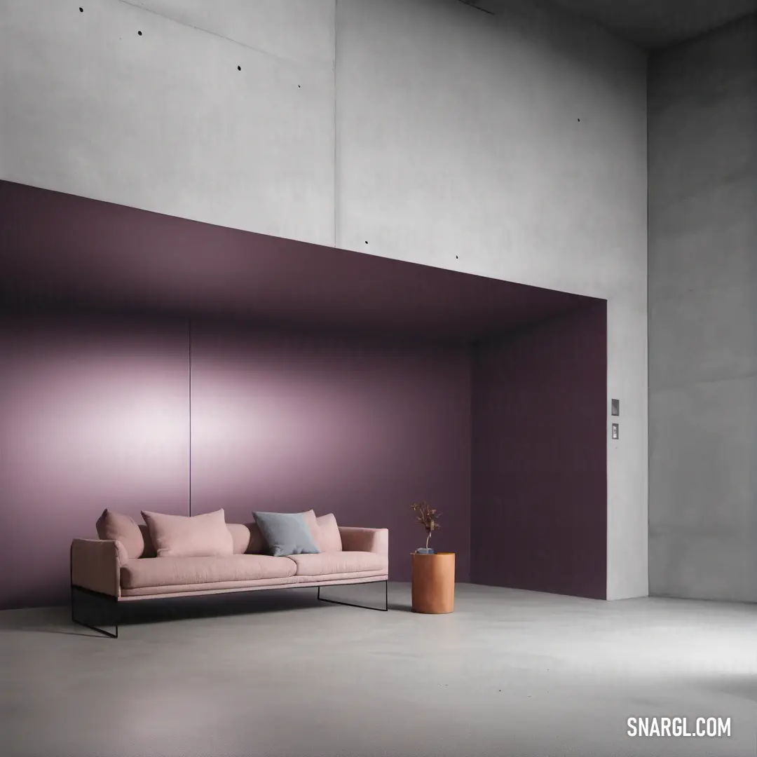 RAL 560-6 color example: Couch and a table in a room with purple walls and a plant in a vase on the floor