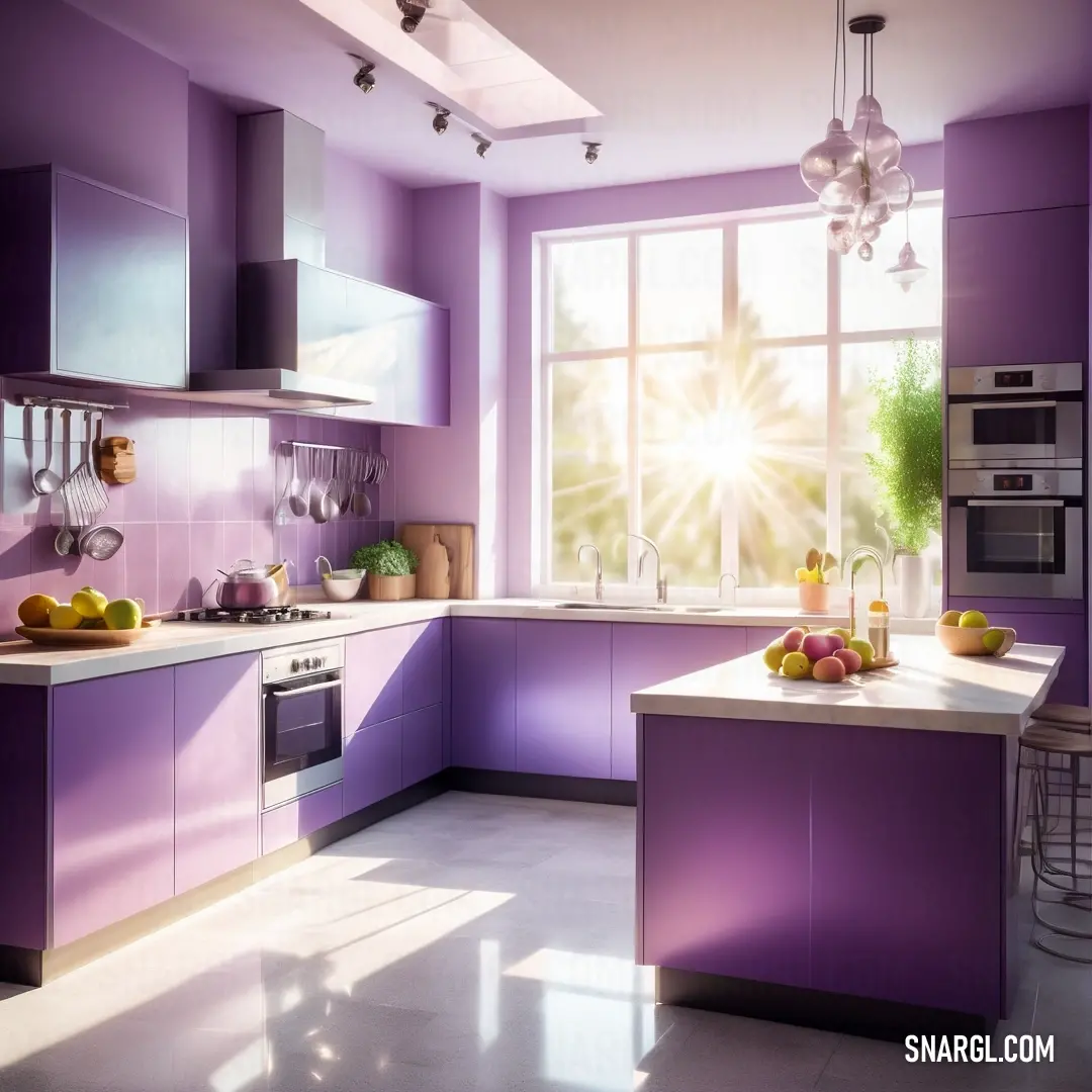 RAL 560-6 color example: Kitchen with purple cabinets and a window with a sun shining through it and a potted plant on the counter