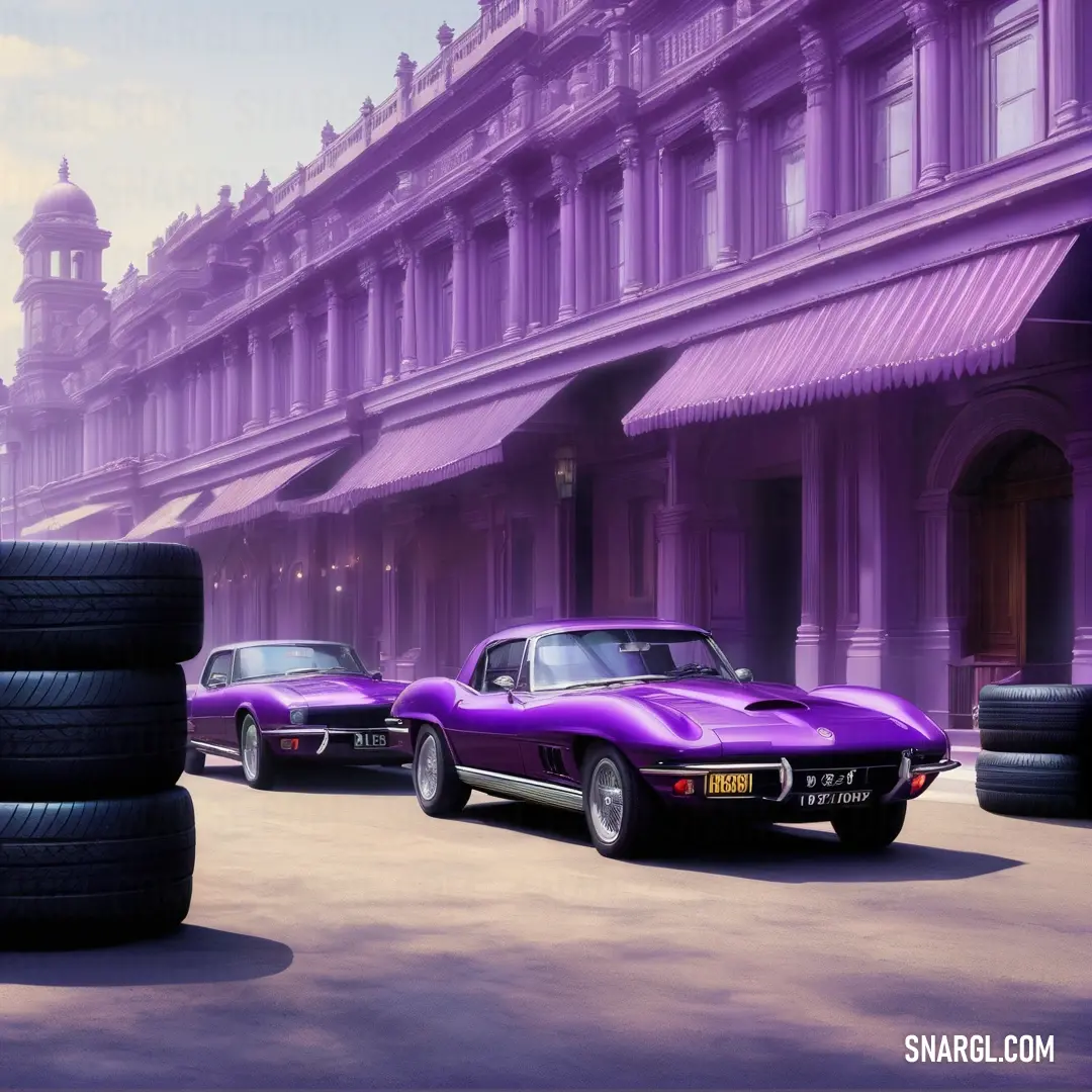 Purple car is parked in front of a purple building with a clock tower in the background. Example of CMYK 64,79,5,0 color.