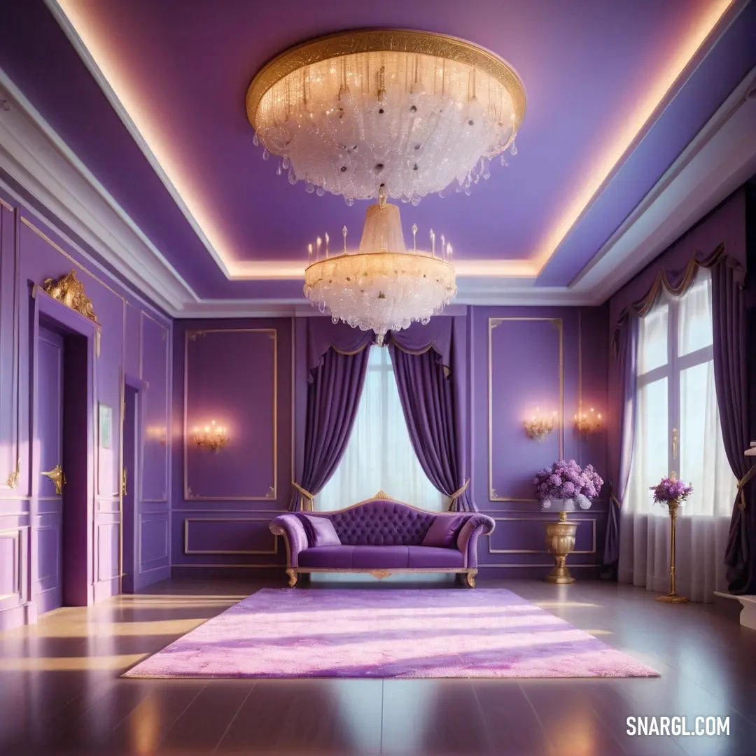 Purple room with a couch and chandelier in it and a chandelier hanging from the ceiling. Color #9070AC.