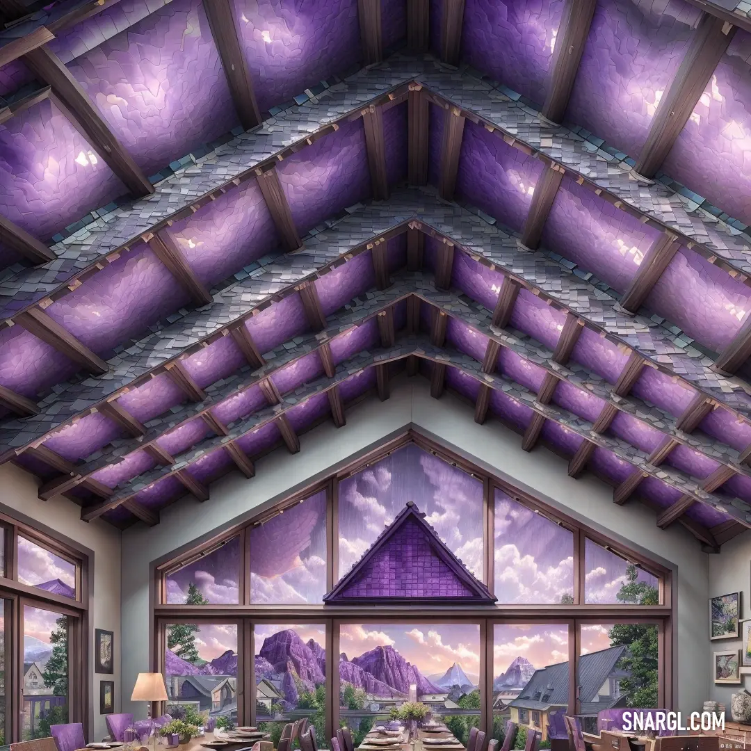 Room with a large window and a painting on the ceiling of it that has a mountain scene on it. Color #9070AC.