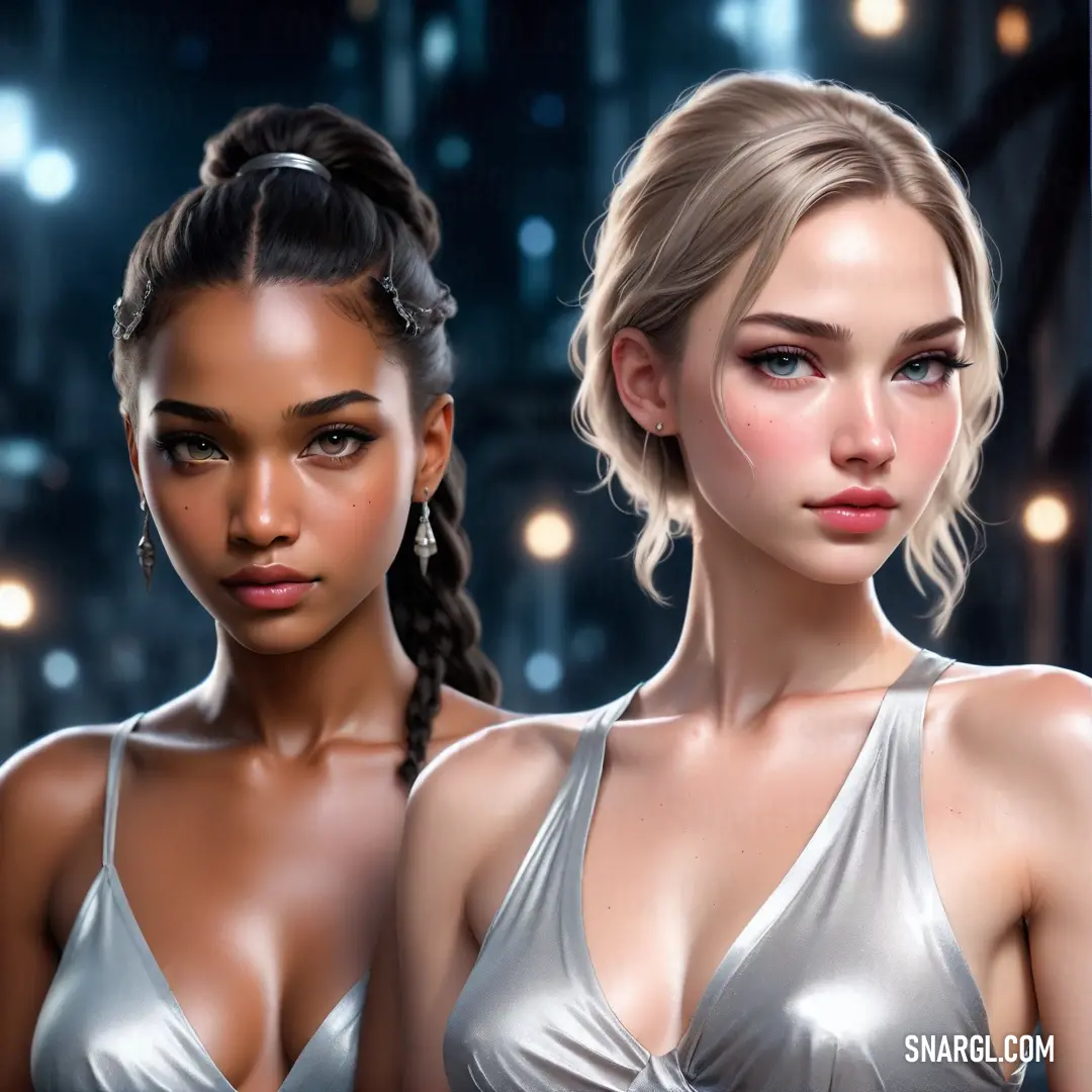 Two women in silver dresses stand side by side in the dim light of night, their elegant poses contrasting with the bustling city street and neon signs glowing around them. The scene has a cool, almost ethereal vibe, as the night embraces their beauty.