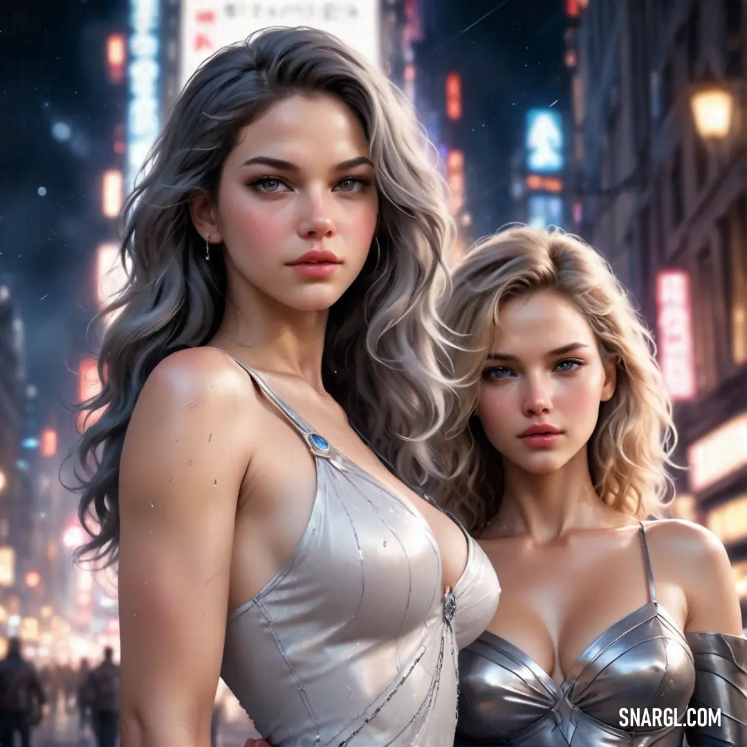 Two women stand side by side in matching silver outfits, illuminated by vibrant neon lights from a cityscape that glows in the background. The night air adds a sense of mystery as they pose confidently in the urban setting.