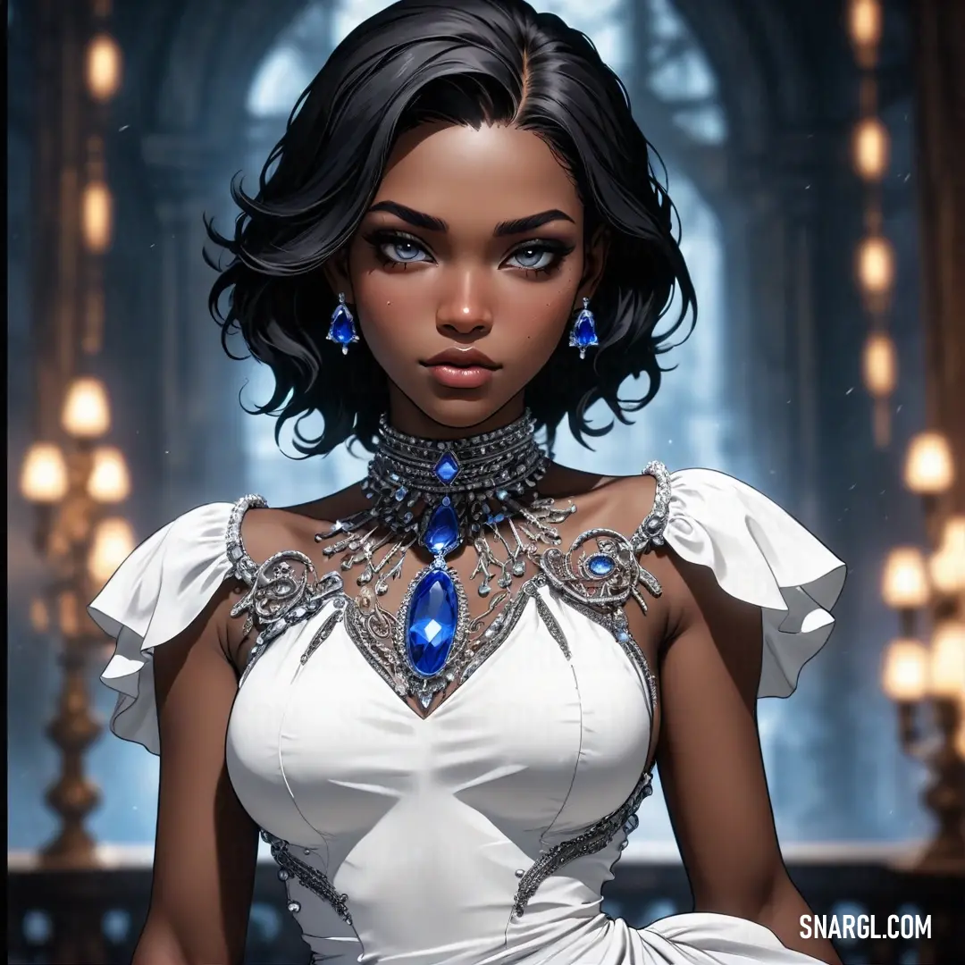 A woman elegantly stands in a white dress, with a striking blue necklace and matching earrings adorning her neck. The dress features a blue and silver collar, adding an extra touch of sophistication to her graceful appearance.