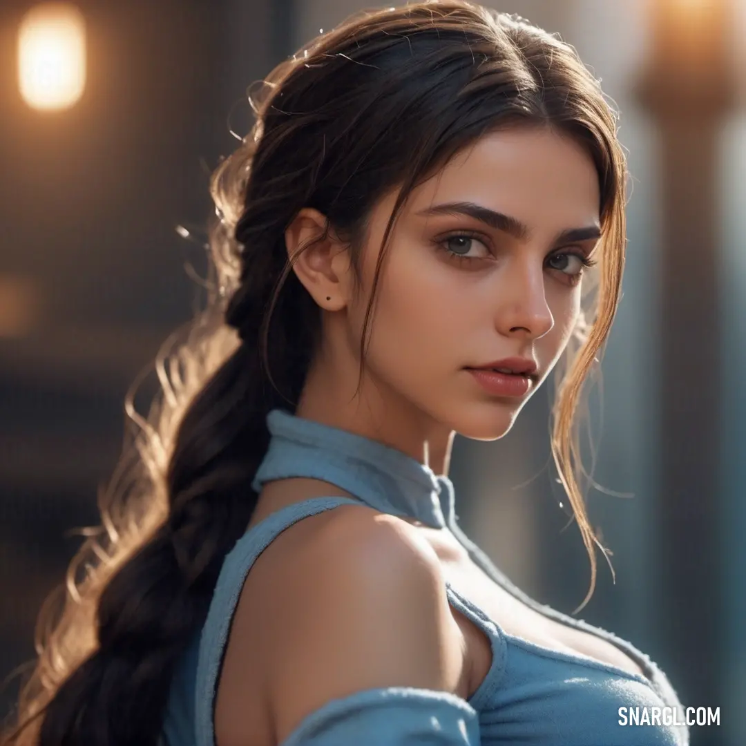 A woman, stylishly dressed in a blue shirt, gazes engagingly at the camera with her hair neatly tied back in a ponytail. Her radiant smile and poised demeanor convey a sense of confidence and approachability.