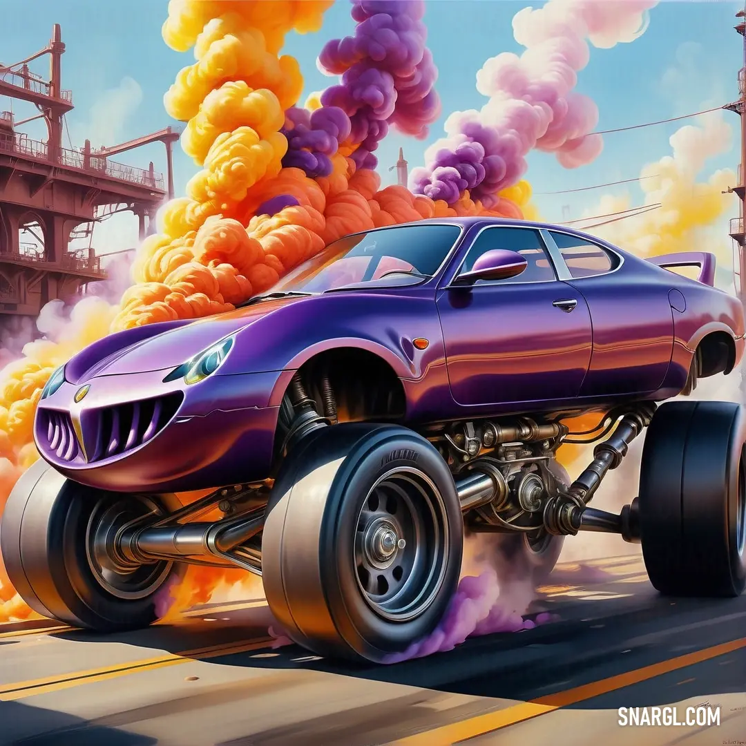 Purple car with a lot of smoke coming out of it's tires on a city street with a bridge in the background. Example of #453A73 color.