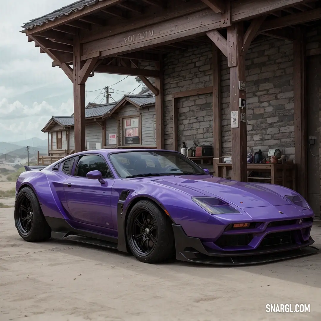 Purple sports car parked in front of a building with a wooden roof and a brick building behind it. Color CMYK 97,100,40,0.