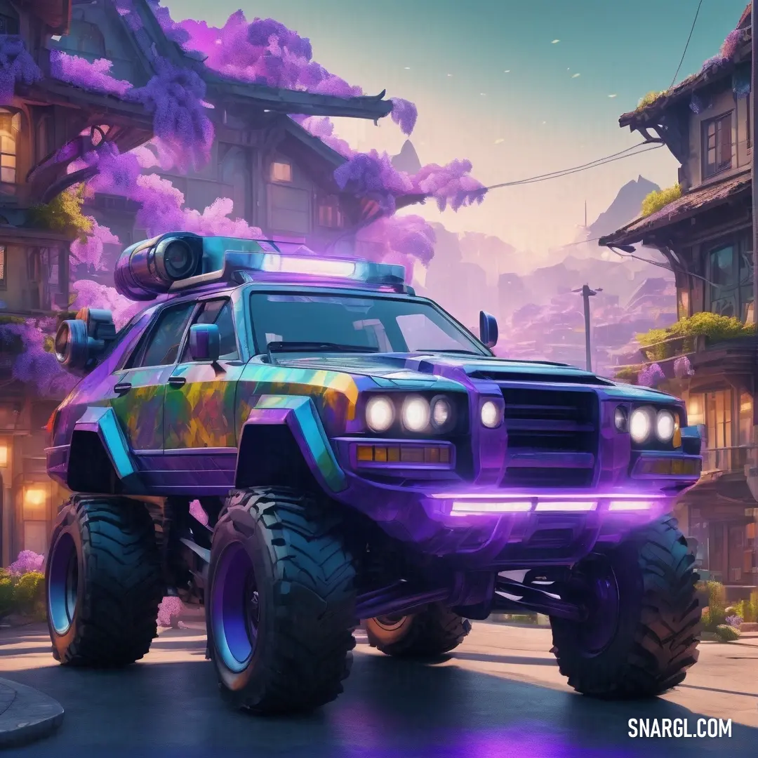 RAL 590-3 color example: Purple monster truck driving down a street next to a tall building with a purple smoke cloud behind it