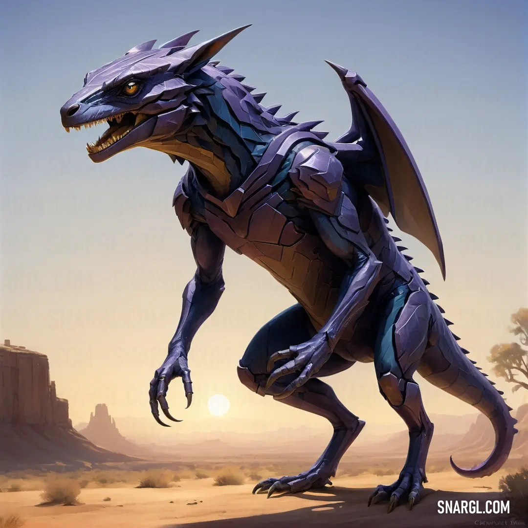 Stylized image of a dragon in the desert at sunset or dawn, with a background. Example of RGB 69,58,115 color.