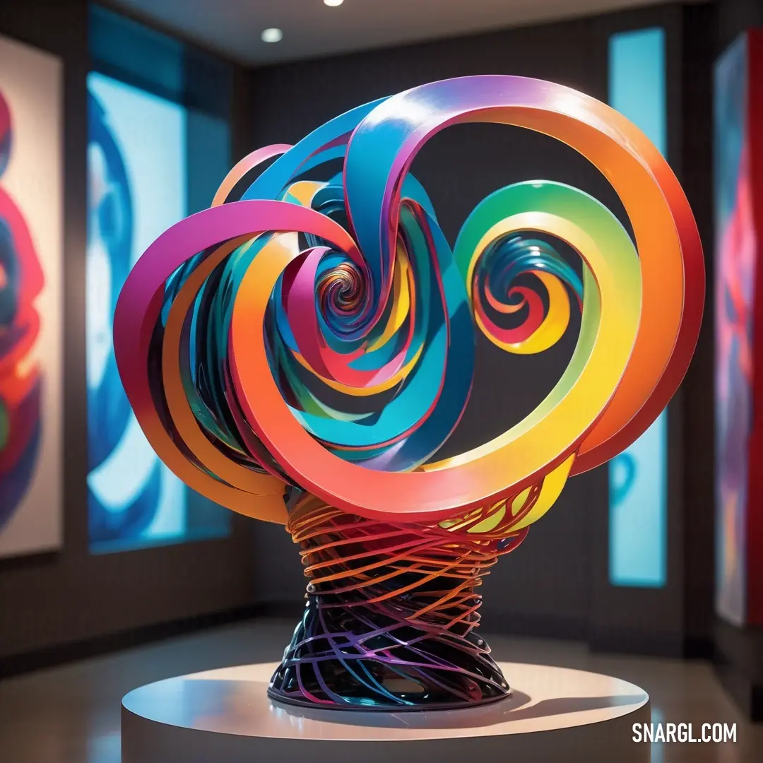 Sculpture of a spiral design in a room with multiple colored paintings on the walls and a ceiling light. Example of RGB 58,60,130 color.