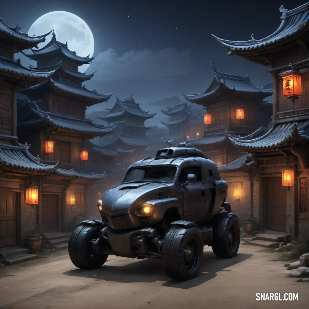 RAL 620-6 color. Futuristic vehicle parked in front of a building at night with a full moon in the background