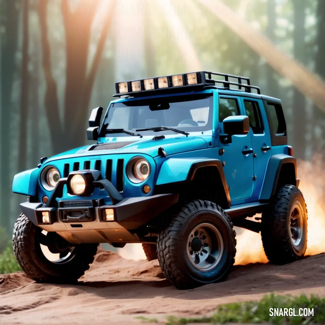 Blue jeep driving down a dirt road in the woods with the sun shining on the jeep's front. Example of RAL 640-2 color.