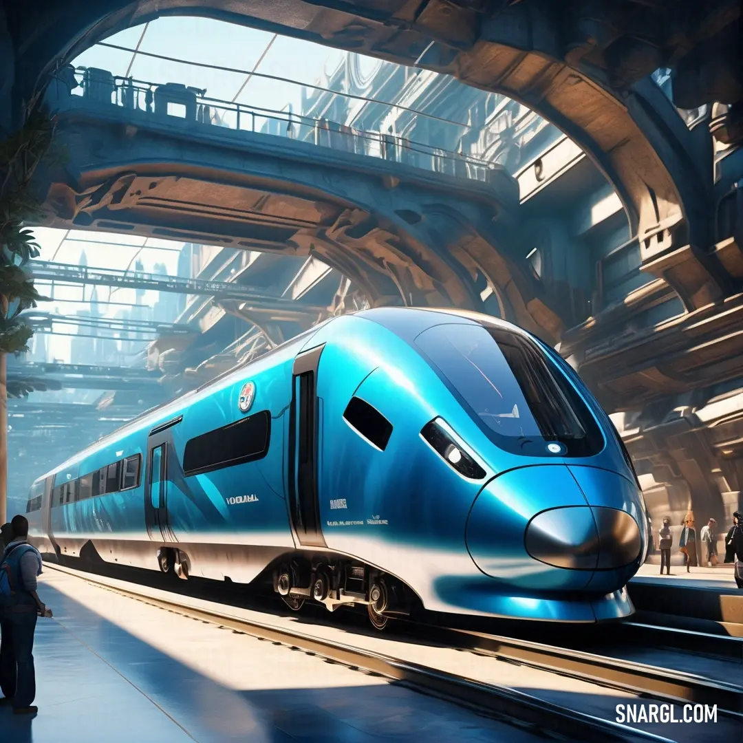 Blue train traveling through a train station next to a tall building with a skylight above it and people standing on the platform