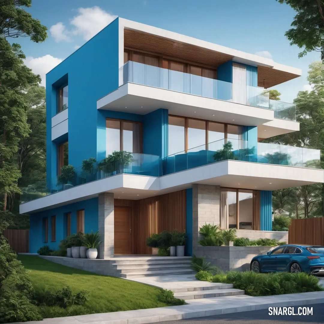 RAL 640-2 color. Blue car parked in front of a tall building with balconies and balconies on the second floor