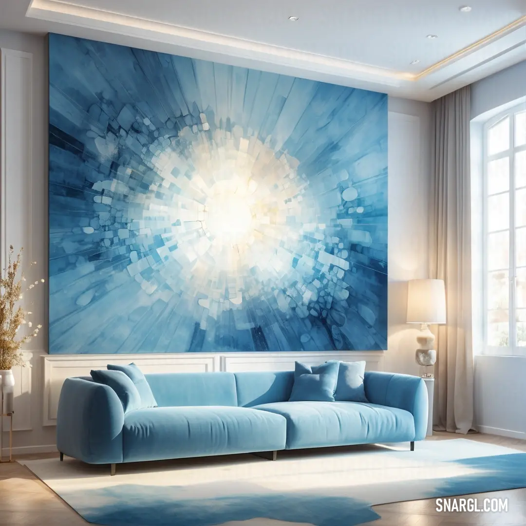 Living room with a large painting on the wall and a blue couch in front of it. Color RGB 56,132,188.