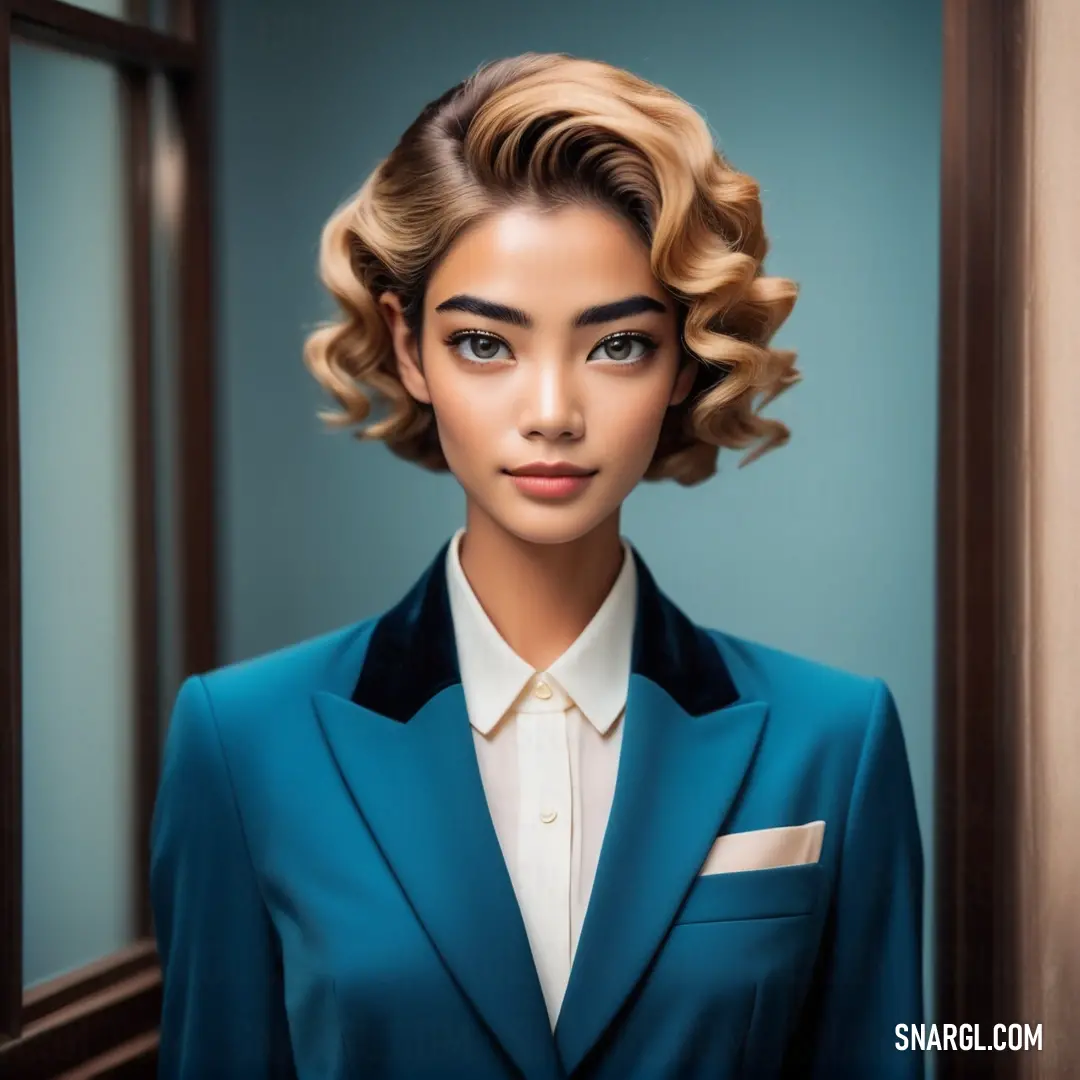 Woman in a blue suit and white shirt is standing in a doorway with a blue wall and a mirror. Color #1A5A94.