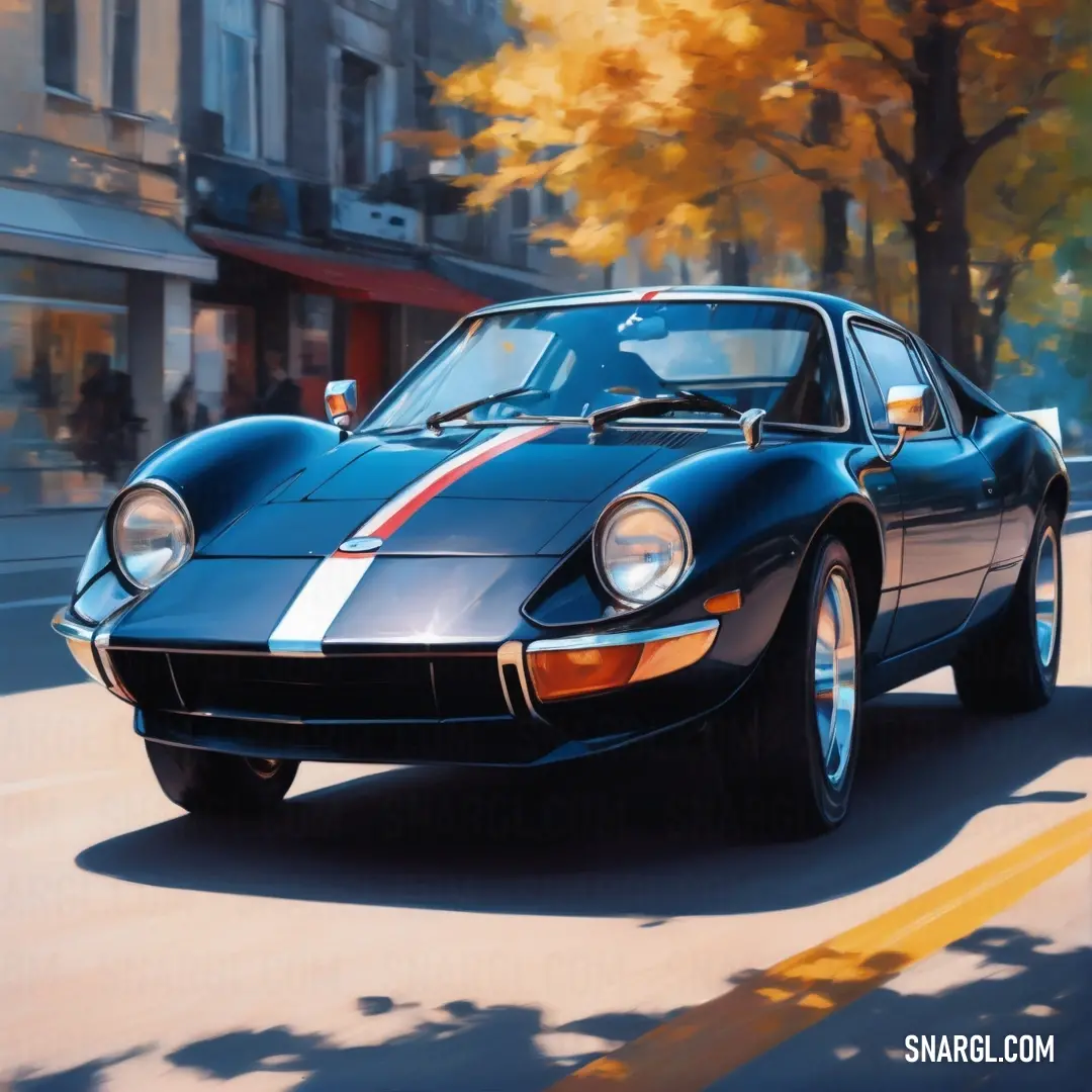 Painting of a blue sports car driving down a street. Example of CMYK 100,63,0,40 color.