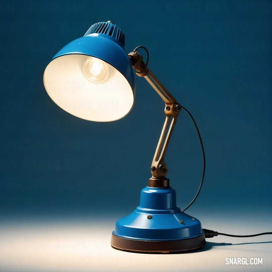 Blue lamp with a white light on it's side and a corded cord on the end. Example of RAL 640-5 color.